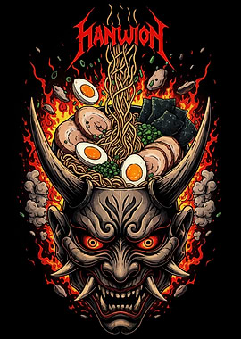 Demon Ramen Bowl with Fiery Background