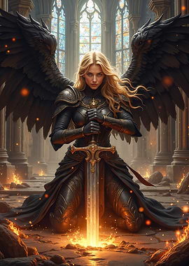 Winged Warrior Angel with Sword in Ruins