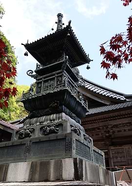 Japanese Temple Lantern with Red Leaves
