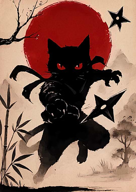 Ninja Cat with Shurikens and Red Sun