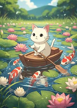 Cat Boat with Koi Fish