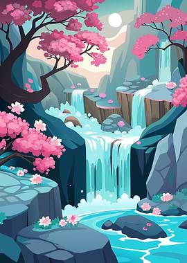 Ethereal Dreamy Sakura Forest Waterfall Landscape Metal Wall Print Art