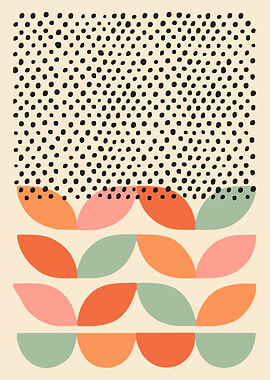Abstract Geometric Pattern with Dots and Leaves