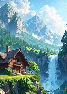 Cabin by Waterfall in Mountain Landscape