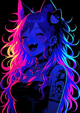Neon Catgirl with Hello Kitty Bow