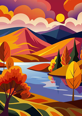 Autumn Landscape with Lake and Mountains