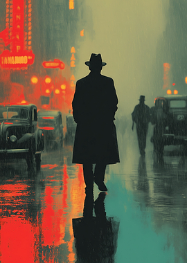 Rainy City Street with Silhouetted Figure