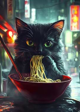 Cat eating ramen in city
