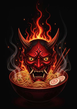 Fiery Oni Ramen Bowl Illustration