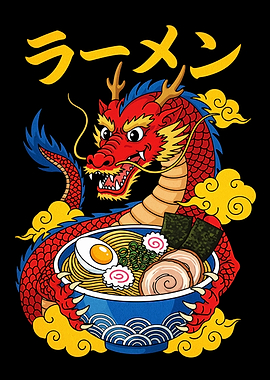 Dragon with Ramen Bowl Illustration
