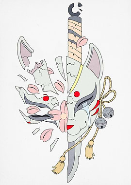 Broken Kitsune Mask with Sword