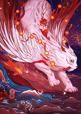 Winged Lion with Lanterns and Fireworks