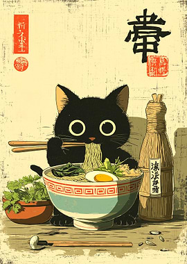 Black Cat Eating Ramen Illustration