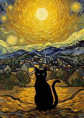Starry Night Cat Wall Art, Van Gogh Inspired Starry Sky Print, Black Cat Painting, Whimsical Winter Landscape