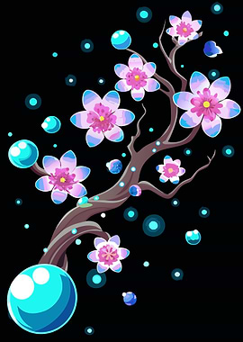 Stylized Cherry Blossom Tree with Orbs Metal Wall Art