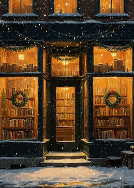 Winter Bookstore Front with Christmas Wreaths