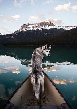 Husky in Canoe on Mountain Lake
