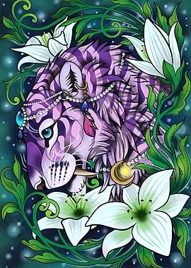 Purple Tiger with Lilies Illustration