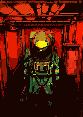 Hazmat Suit in Red Corridor