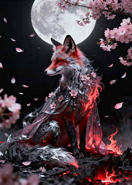 Fox with Cherry Blossoms and Moon
