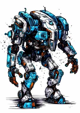 Blue and White Mechanical Robot Illustration