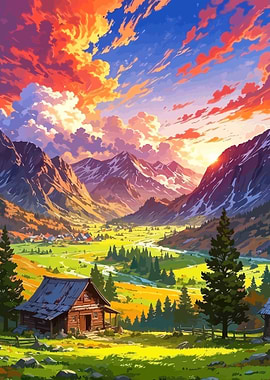 Mountain Valley Cabin at Sunset
