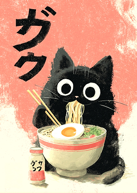 Black Cat Eating Ramen Illustration