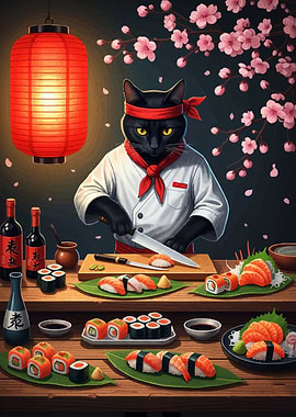 Cat Sushi Chef with Cherry Blossoms
