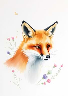 Fox Portrait with Floral Accents