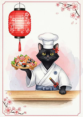 Sushi Chef Cat Illustration
