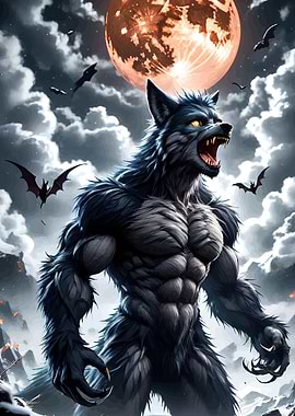 Muscular Werewolf Howling Moon