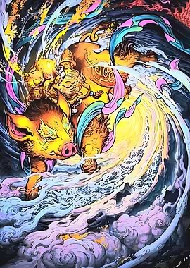 Stylized Pig Illustration with Abstract Elements