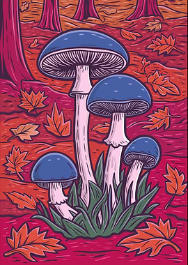 Blue Mushrooms in Autumn Forest
