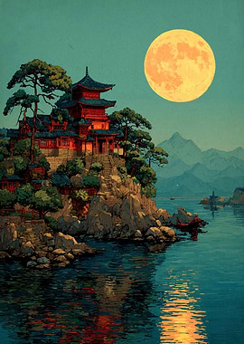 Asian Temple Under Full Moon