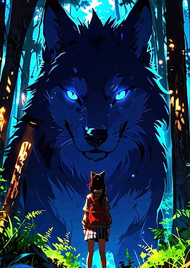 Girl and Giant Wolf in Forest