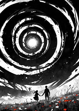 Monochrome Couple Under Swirling Sky
