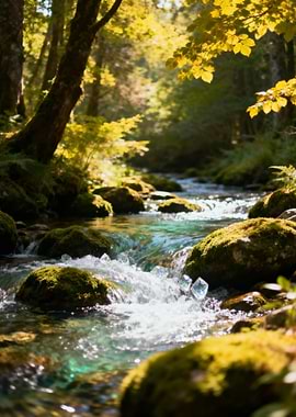 Forest Stream with Mossy Rocks