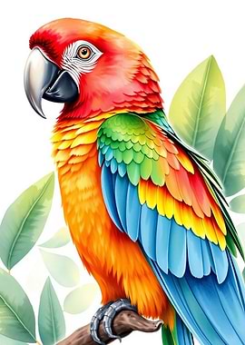 Colorful Parrot on Branch with Leaves