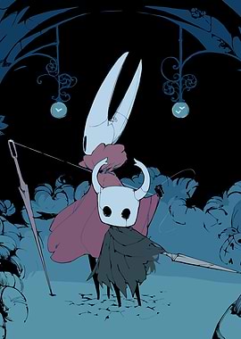 Silksong and Hollow Knight characters in blue tones