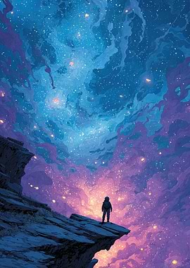 Astronaut Stargazing on Cliff Edge