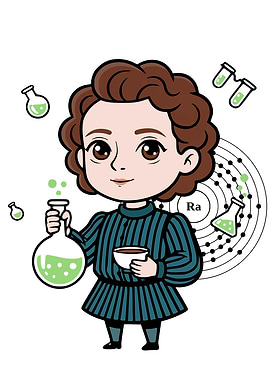 Cartoon Marie Curie with Chemistry Elements