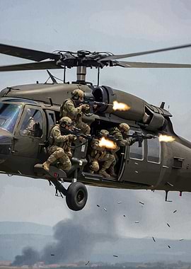 Military Helicopter Soldiers Firing Weapons