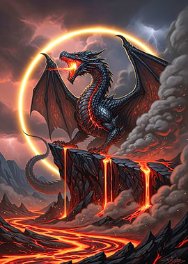 Black Dragon with Lava Landscape
