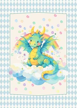 Cute Dragon on Cloud with Rainbow