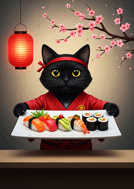 Sushi Cat Chef with Japanese Ambiance