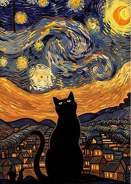 Starry Night Cat Wall Art, Van Gogh Inspired Starry Sky Print, Black Cat Painting, Whimsical Winter Landscape