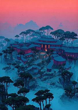 Asian Village at Dusk