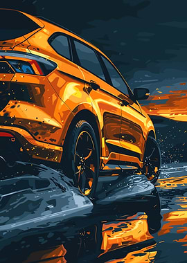 Orange Car on Wet Surface