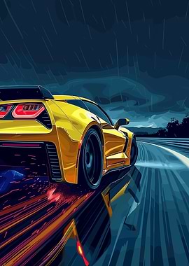 Yellow Sports Car in the Rain