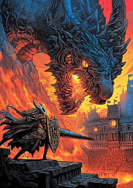 Hollow Knight vs. Dragon in Fiery Landscape